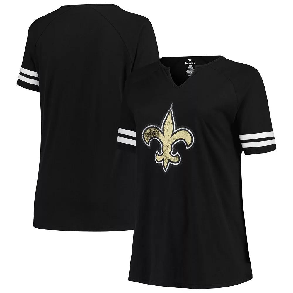 Women's Fanatics Branded Black New Orleans Saints Plus Size Logo Notch Neck Raglan Sleeve T-Shirt, Size: 2XL Product Image