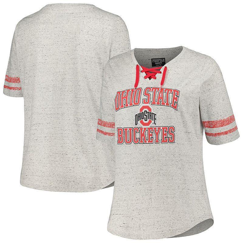 Womens Profile Heather Gray Ohio State Buckeyes Plus Size Striped Lace-Up T-Shirt Product Image