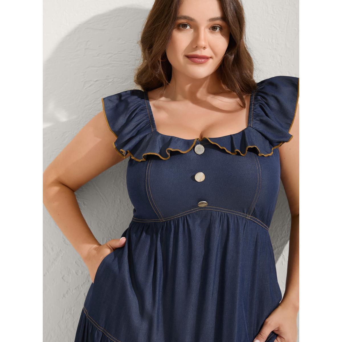 Plus Size Denim-Like Ruffled Tiered Midi Dress Indigo Women Square Neck Cap Sleeve Curvy BloomChic 26/4X Product Image