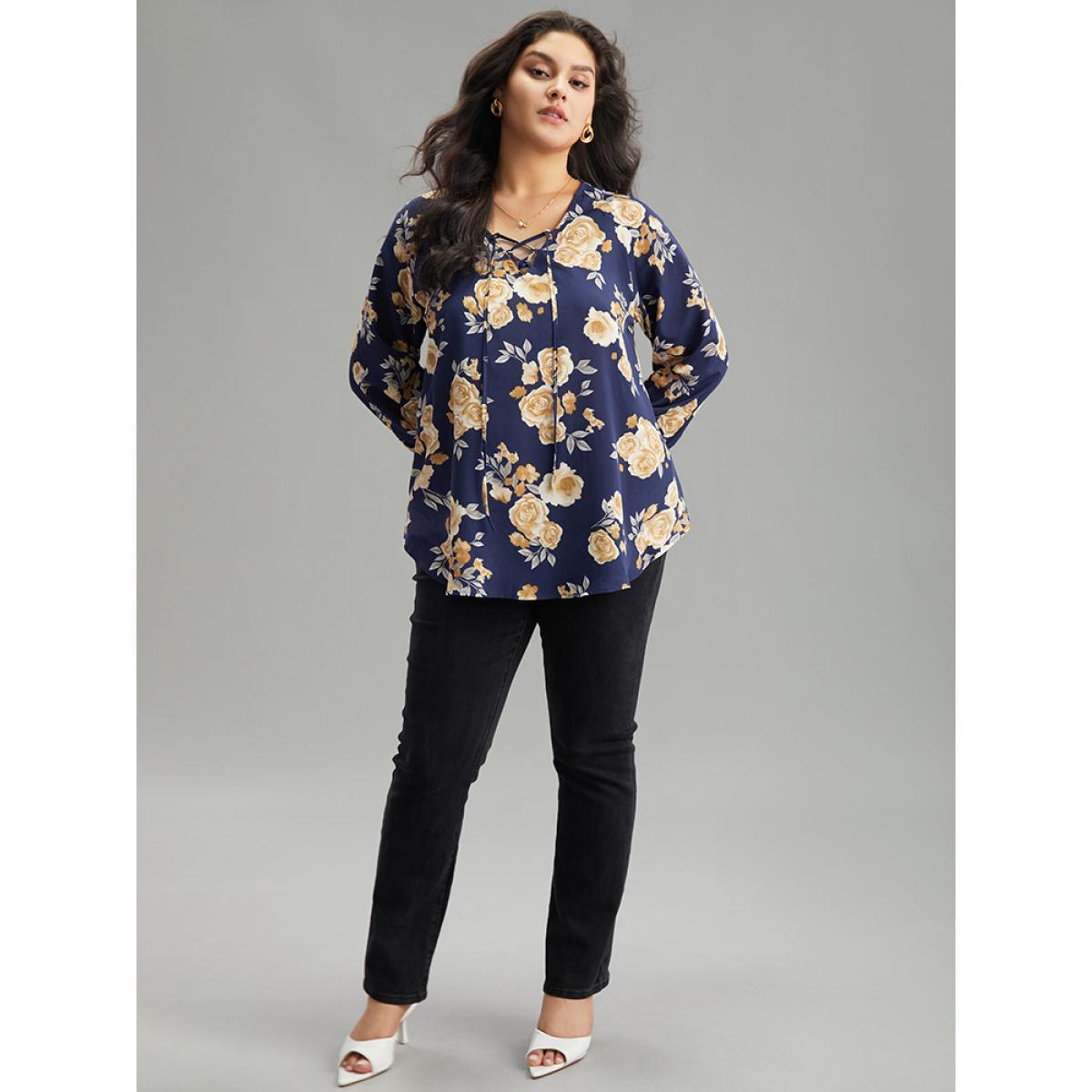 Plus Size Indigo Floral Print Lace Up Button Down Blouse Women Elegant Long Sleeve Tie Neck Dailywear Blouses BloomChic 26/4X Product Image