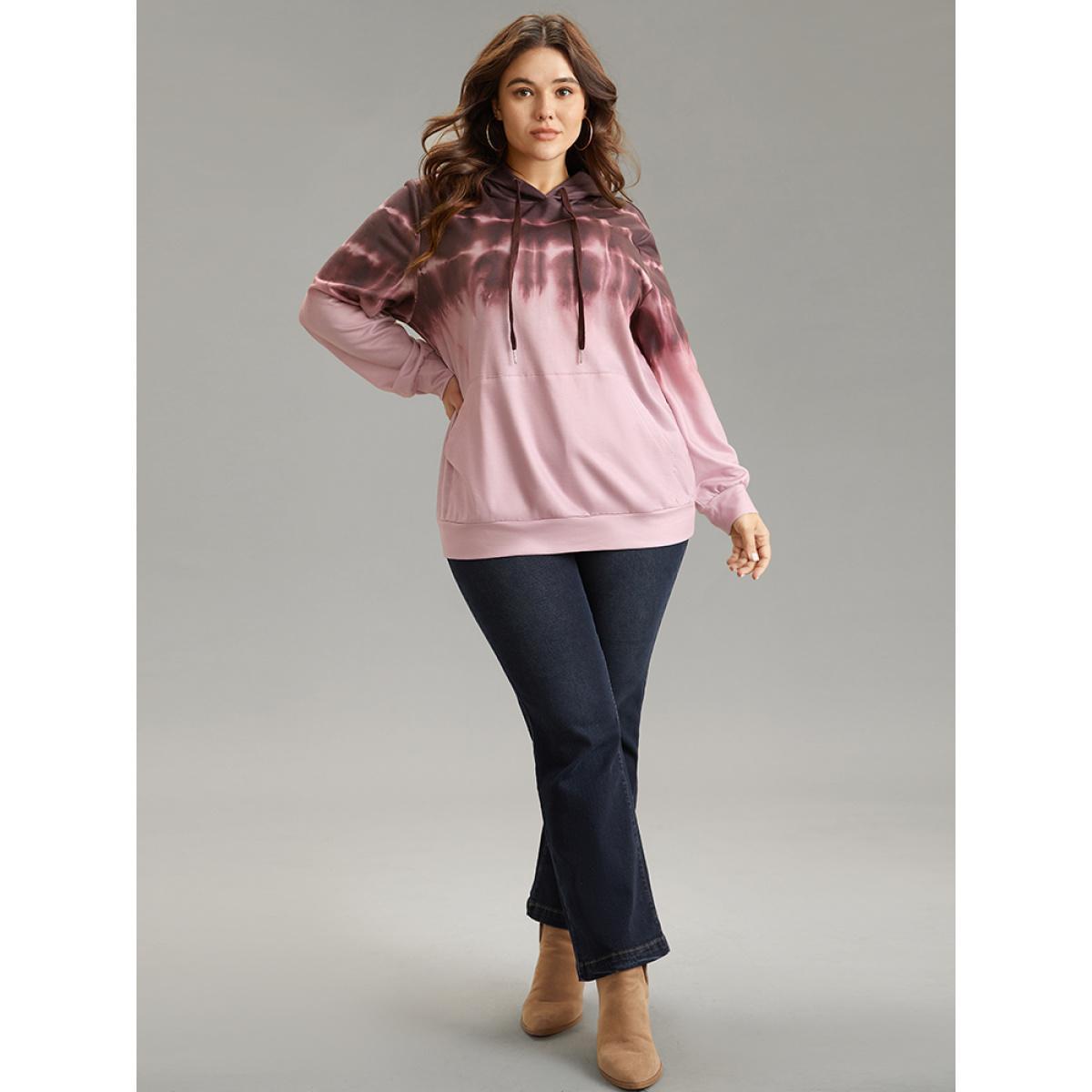 Plus Size Tie Dye Kangaroo Pocket Hooded Drawstring Sweatshirt Women Maroon Casual Tie Dye Hooded Dailywear Sweatshirts BloomChic 12/L Product Image