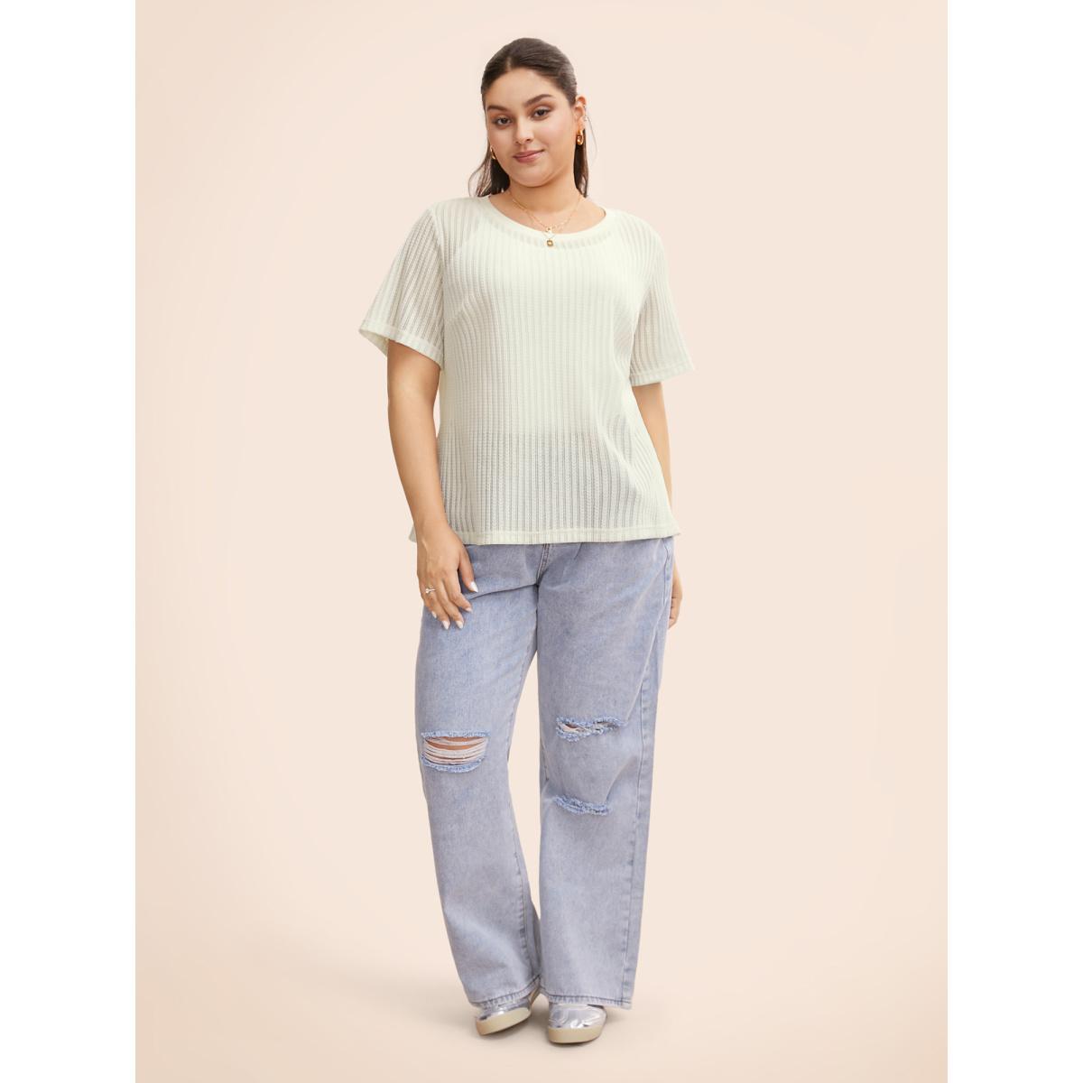Plus Size Round Neck Pointelle Knit T-shirt Beige Women Casual Texture Round Neck Everyday T-shirts BloomChic 30/6X Product Image