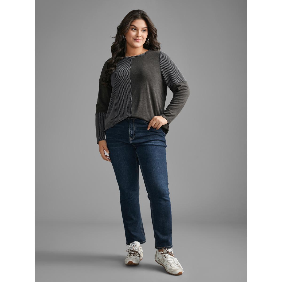 Plus Size Round Neck Textured Patchwork T-shirt Black Women Casual Texture Round Neck Everyday T-shirts BloomChic 10/M Product Image