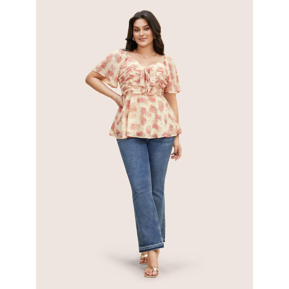 Plus Size Blush Heart Neckline Floral Tie Knot Ruched Blouse Women Elegant Short sleeve Heart neckline Everyday Blouses BloomChic 12/L Product Image