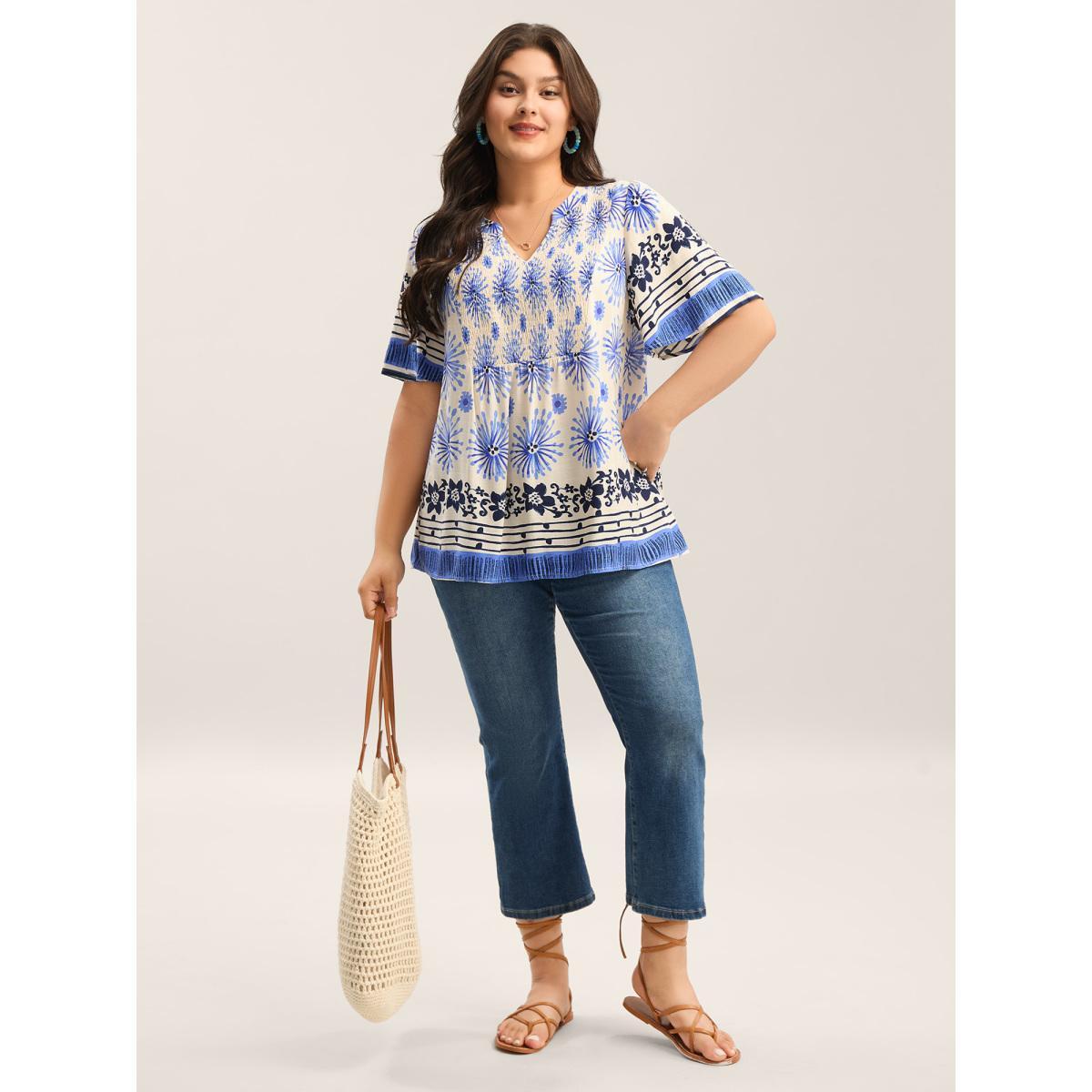 Plus Size Skyblue Floral Symphony Print Split Neck Blouse Women Short sleeve Notched collar Vacation Blouses BloomChic 22-24/3X Product Image