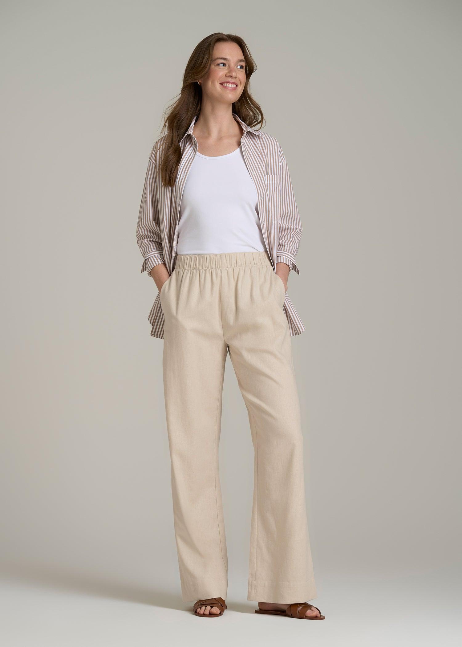 Pull On Wide Leg Linen Pants for Tall Women in Light Stone Product Image