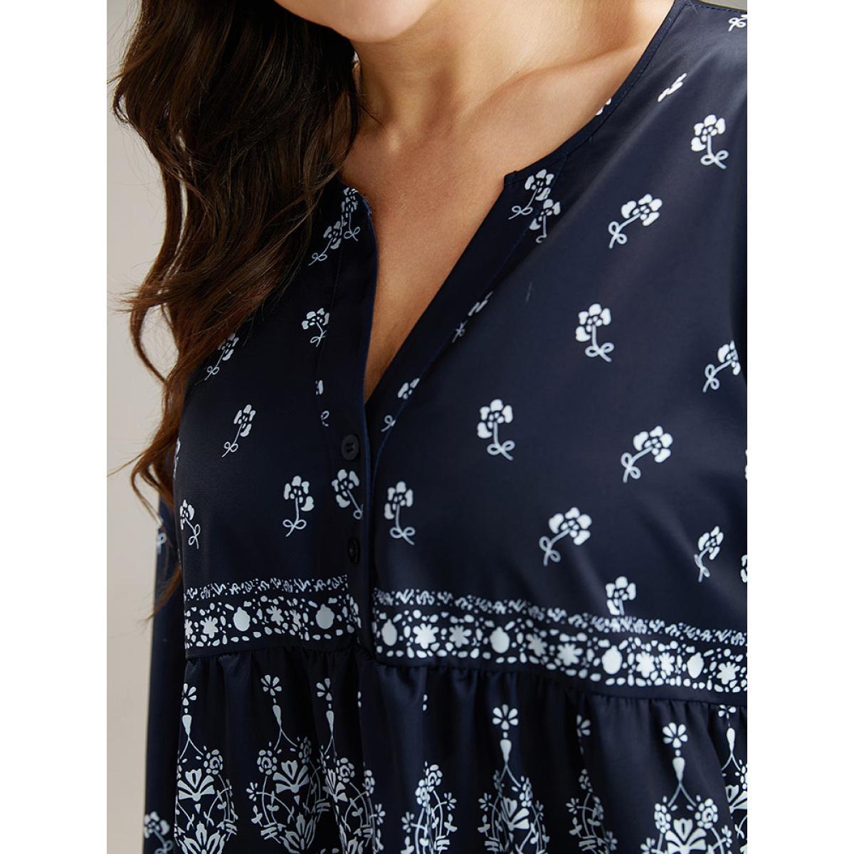 Plus Size Indigo Bandana Print Flutter Trim Blouse Women Resort Long Sleeve V-neck Vacation Blouses BloomChic 10/M Product Image