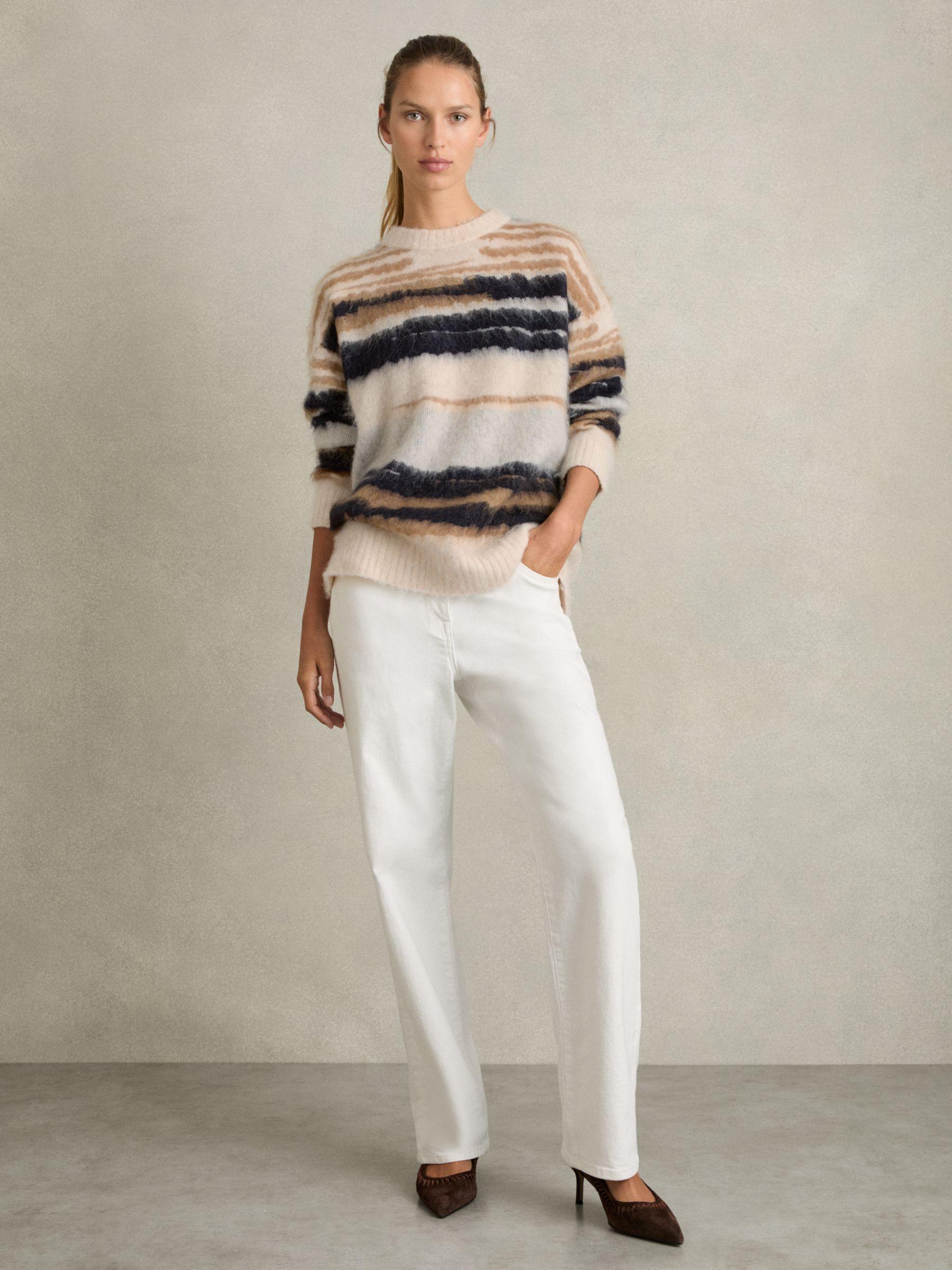 Striped Crew-Neck Jumper With Mohair in Cream/Camel Product Image