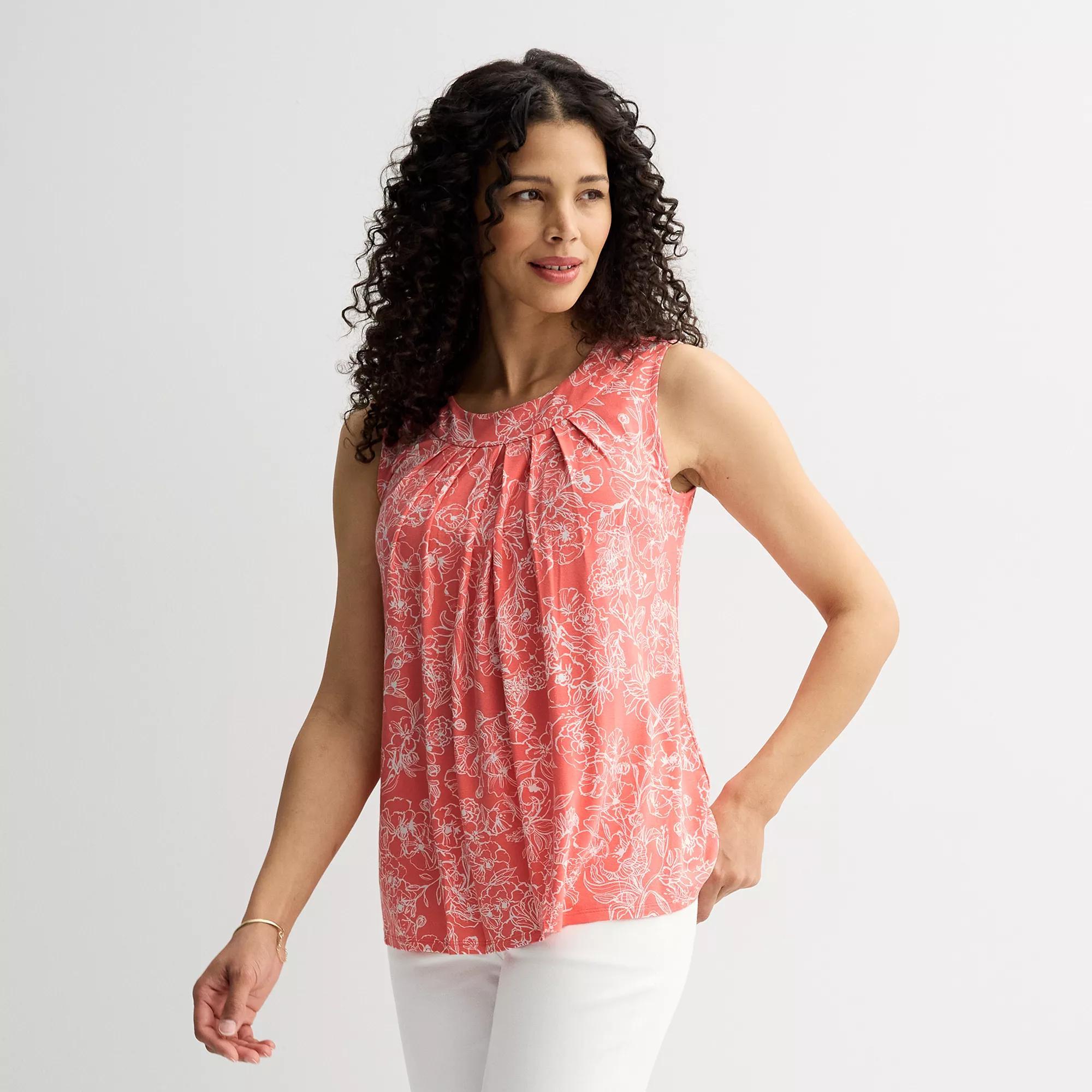 Petite Croft & Barrow Pleated Tank Top, Womens Blue Texture Palms Product Image