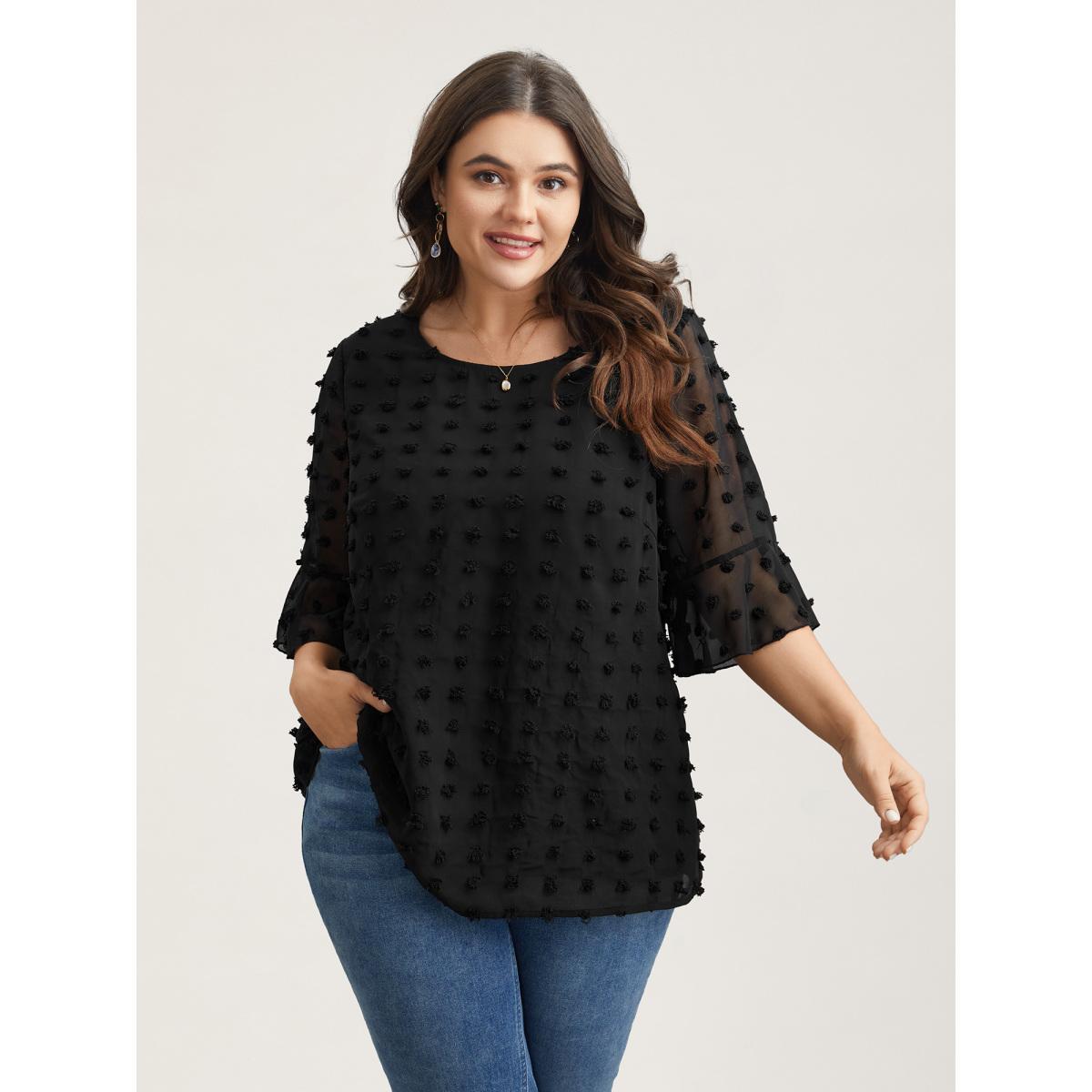 Plus Size Black Chiffon Polka Dot Round Neck Shirt Women Elegant Half Sleeve Round Neck Everyday Blouses BloomChic 28/5X Product Image