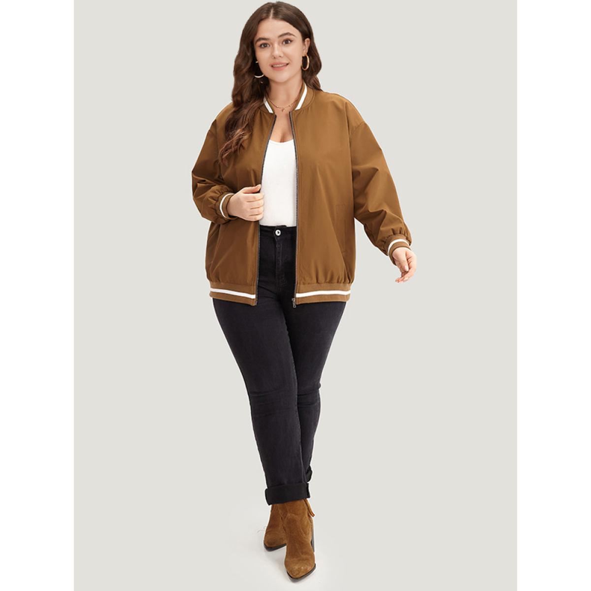 Plus Size Letter Embroidered Pocket Baseball Collar Jacket Women DarkBrown Rib Knit Pocket Dailywear Jackets BloomChic 10/M Product Image