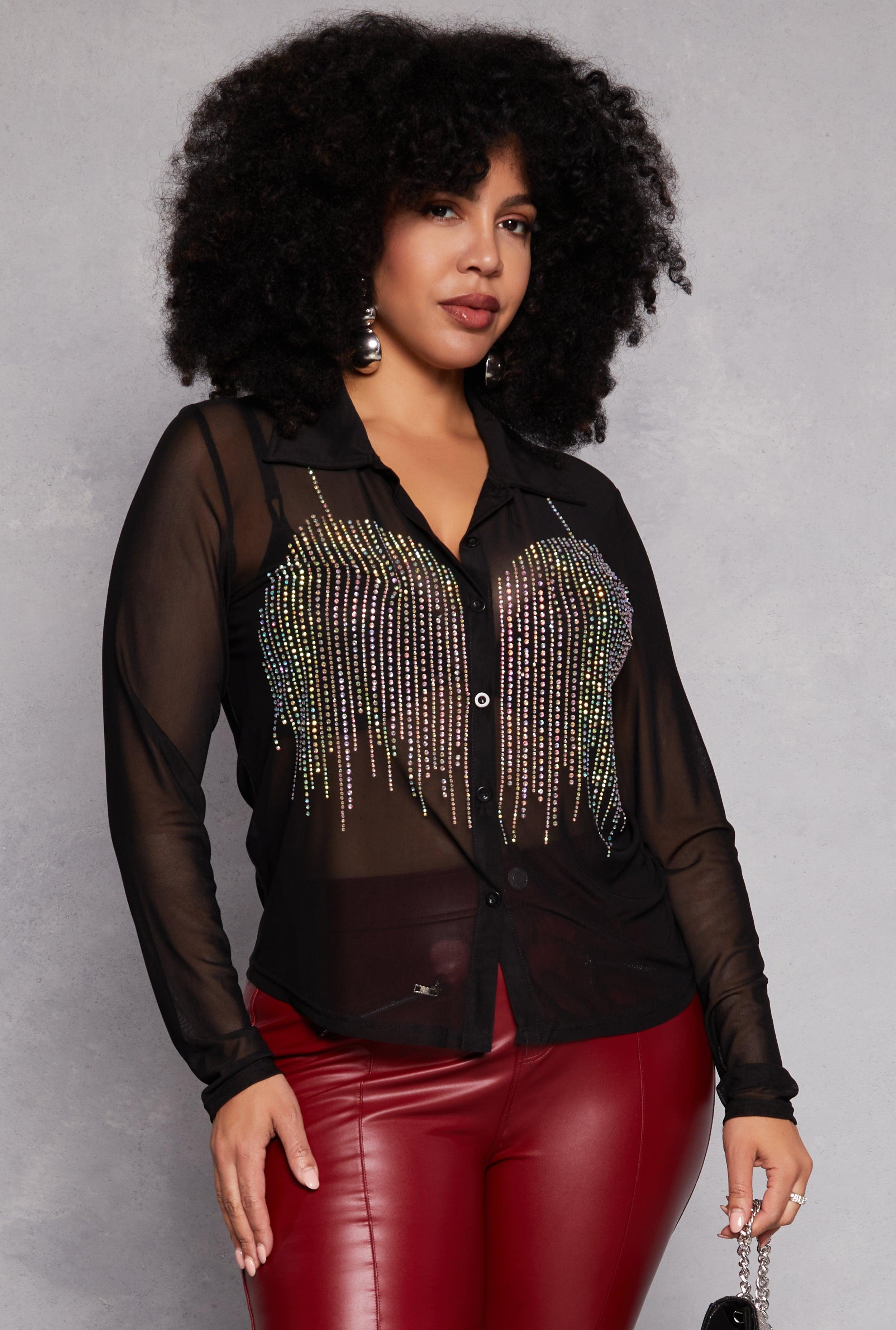 Womens Plus Size Rhinestone Mesh Button Front Shirt Product Image
