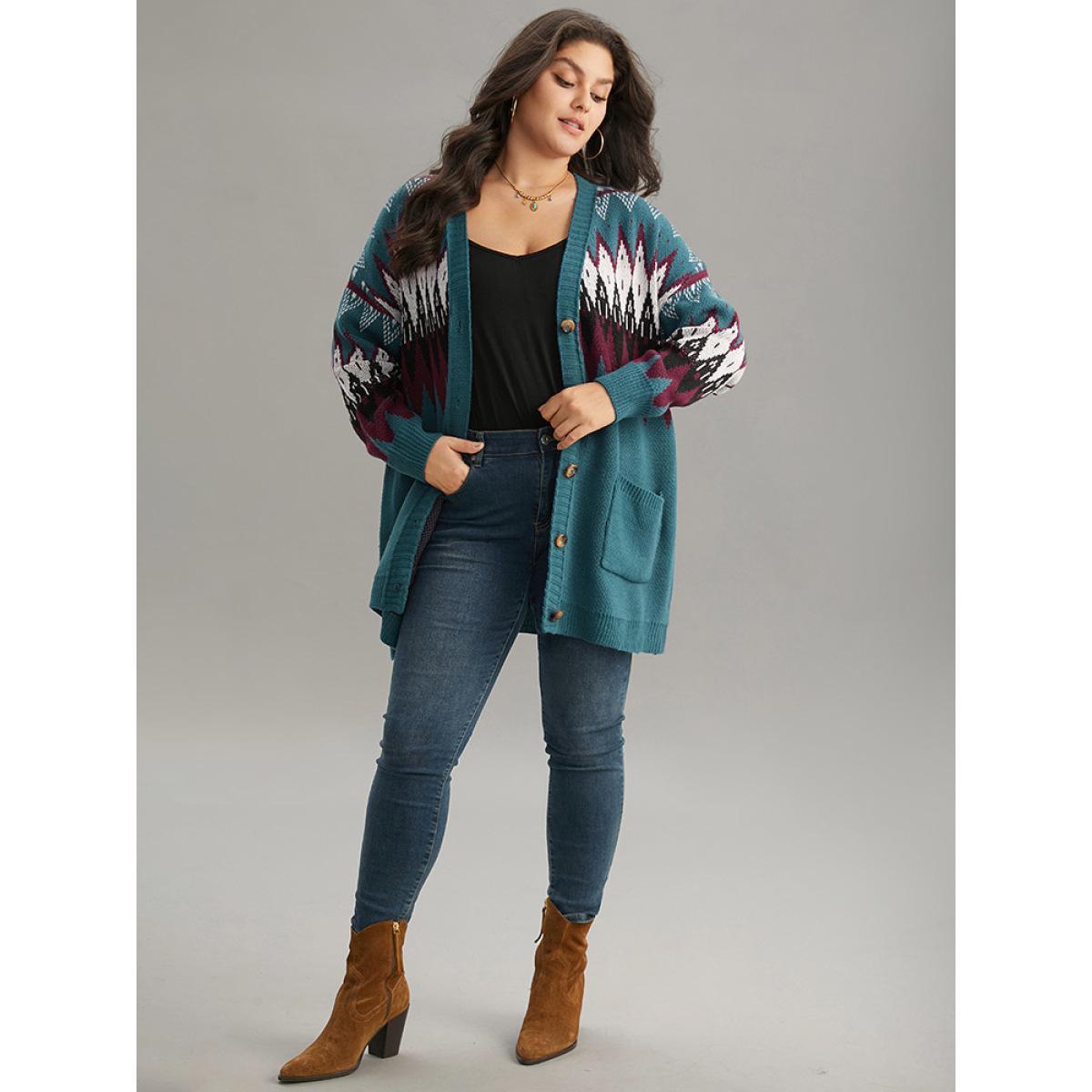 Plus Size Geometric Button Through Pocket Cardigan Aegean Women Casual Loose Long Sleeve Dailywear Cardigans BloomChic 26/4X Product Image