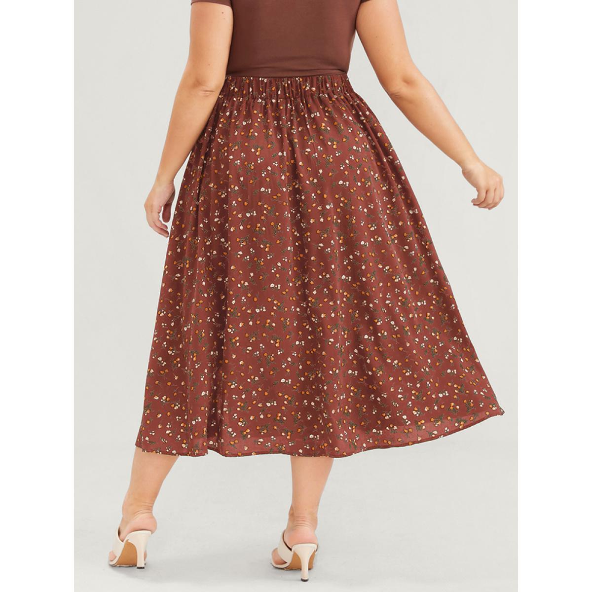Plus Size Elastic Waist Ditsy Floral Split Skirt Women Chocolate Elegant Printed No stretch Dailywear Skirts BloomChic 26/4X Product Image