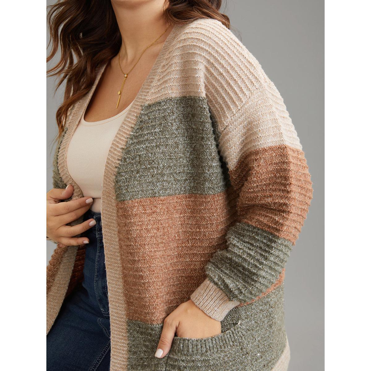 Plus Size Plisse Colorblock Patched Pocket Open Front Cardigan Multicolor Women Casual Loose Long Sleeve Dailywear Cardigans BloomChic 22-24/3X Product Image
