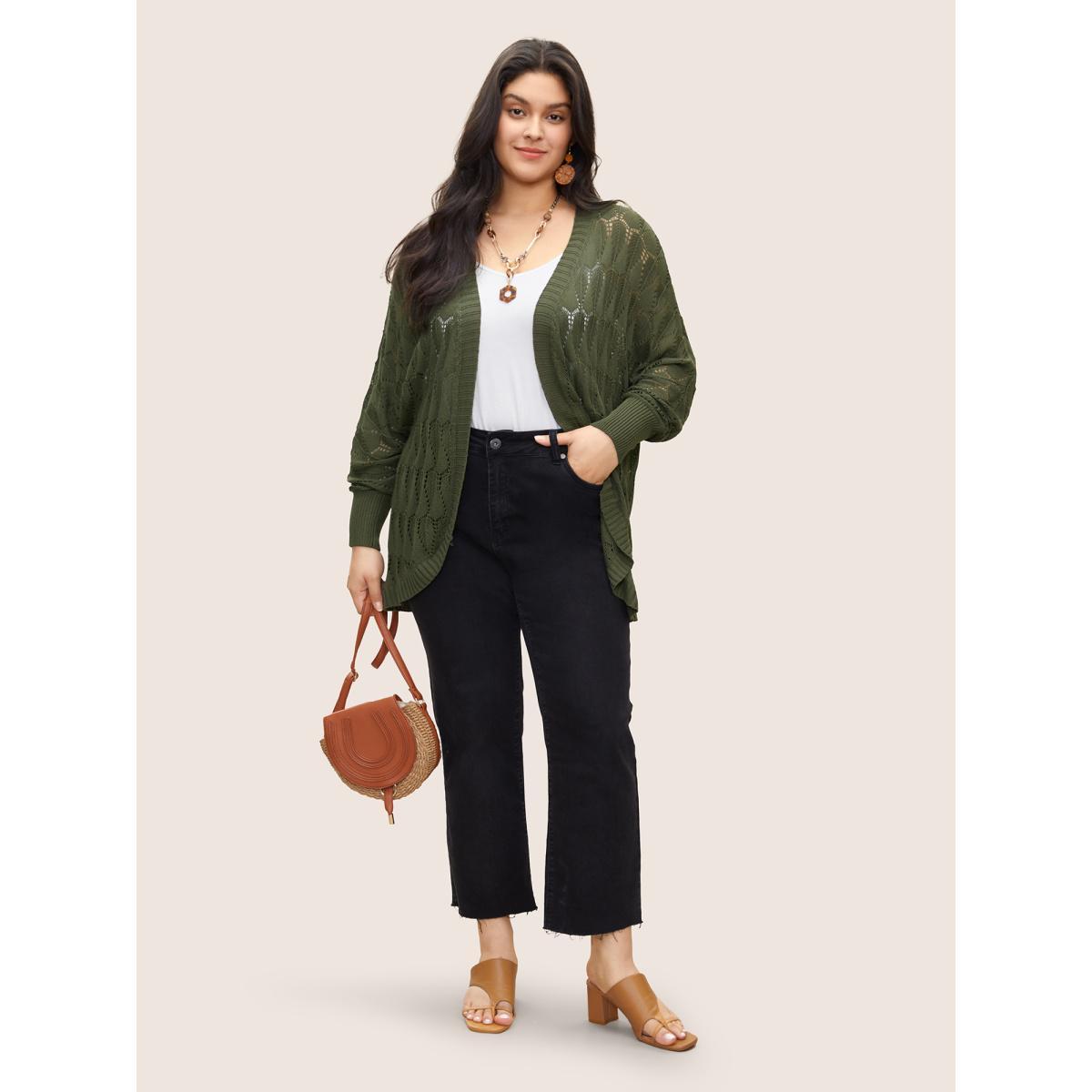 Plus Size Solid Geometric Hollow Out Batwing Sleeve Cardigan ArmyGreen Women Everyday Casual Cover Ups Bloomchic 28/5X Product Image