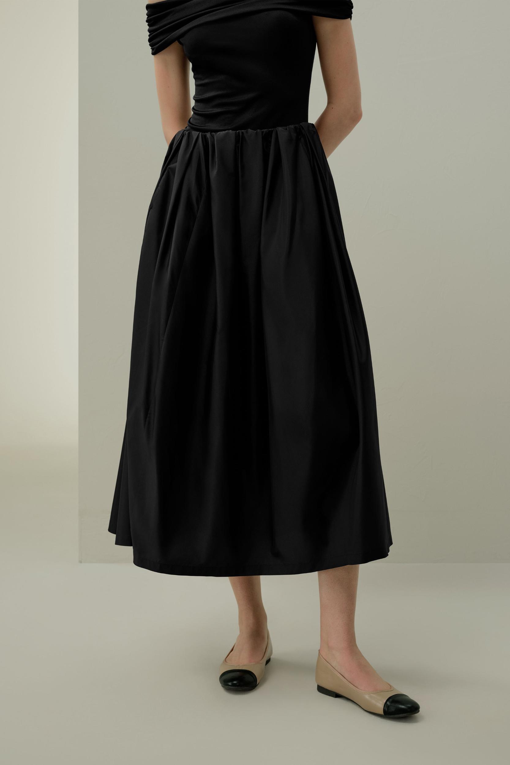 Waist-Pleated Silk Taffeta Skirt Product Image