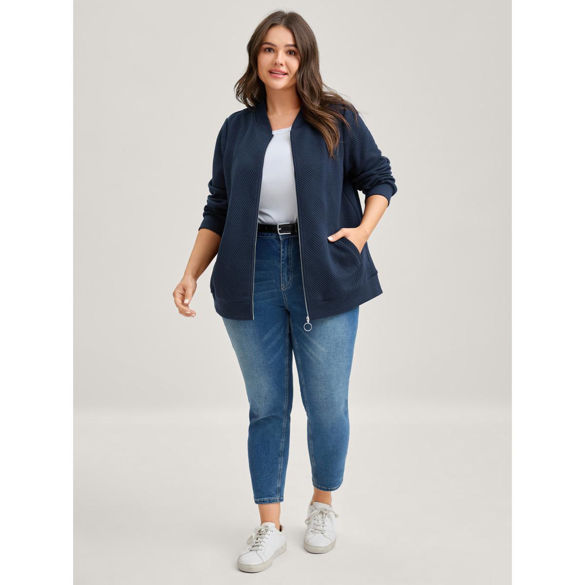Plus Size Textured Solid Pockets Zipper Jacket Women Navy Texture Loose Slanted pocket Everyday-Casual Jackets BloomChic 10/M Product Image