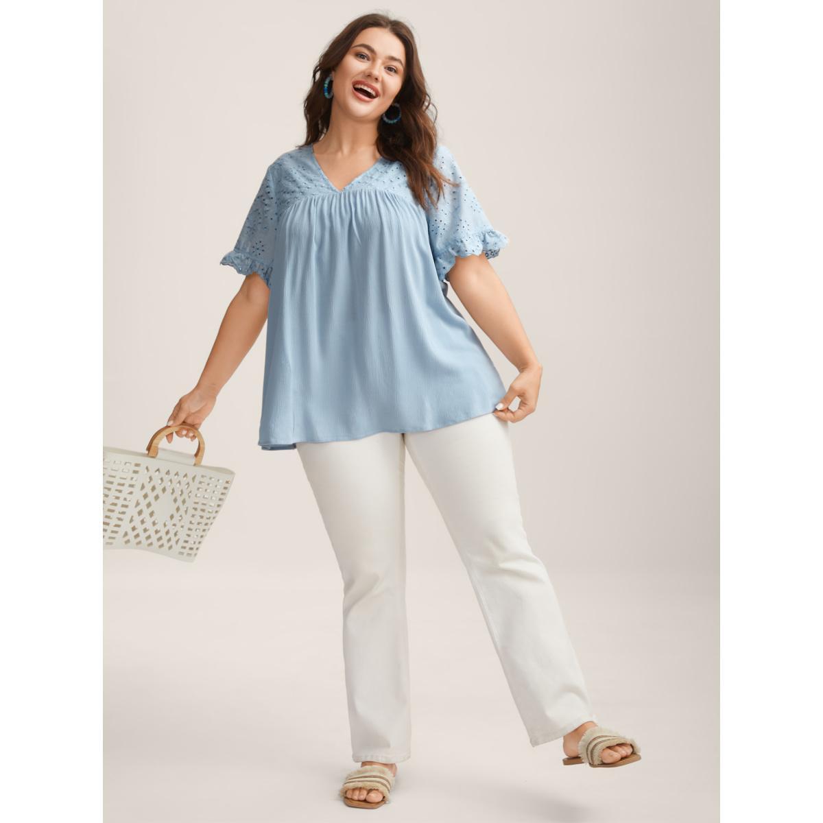 Plus Size LightBlue Rayon Eyelet Flowy Blouse Women Short sleeve V-neck Vacation Blouses BloomChic 10/M Product Image
