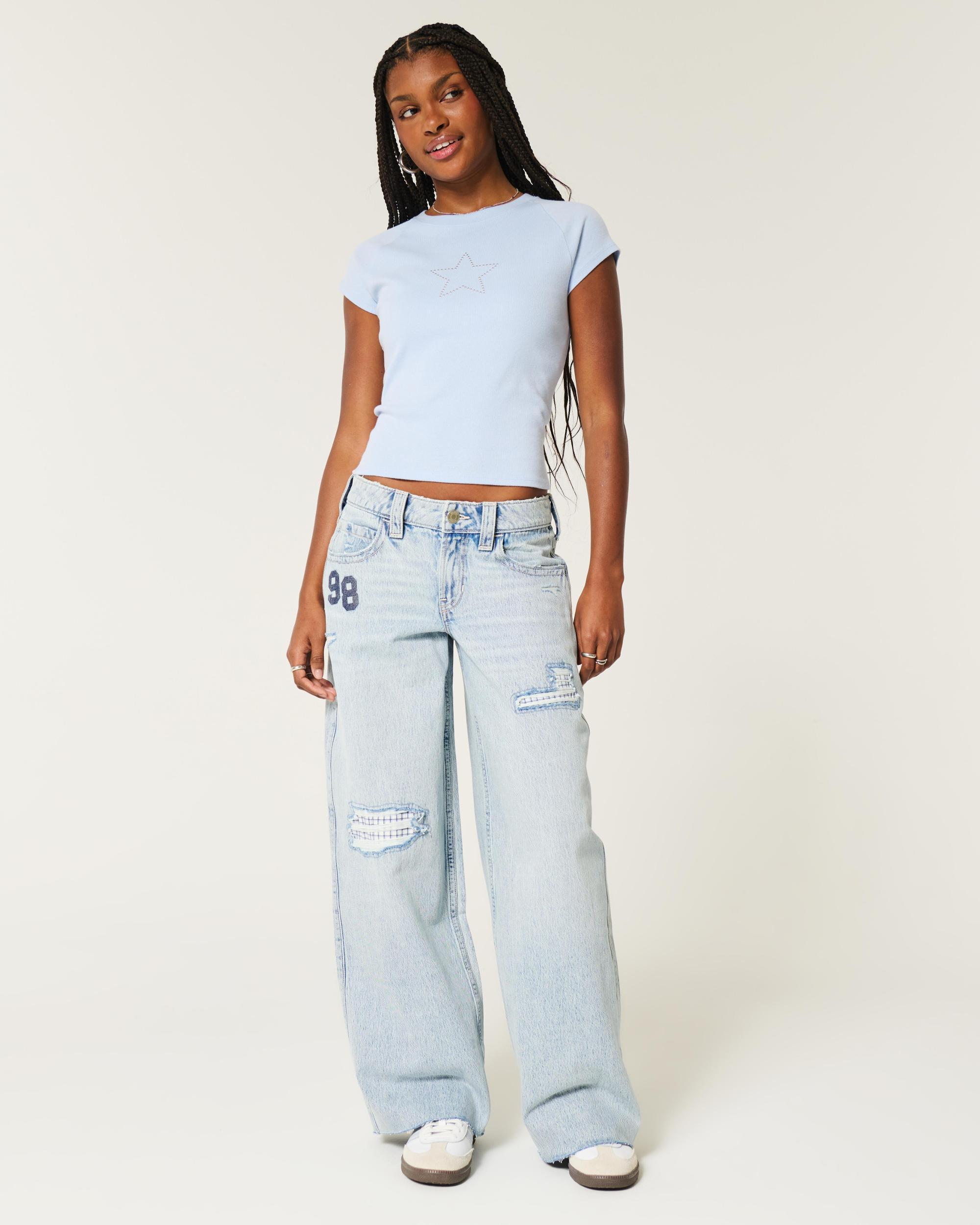 Low-Rise Light Wash Patchwork Super Baggy Jeans Product Image
