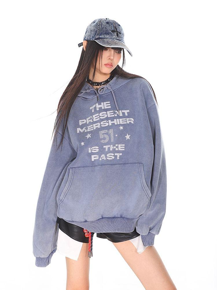 Lettering Washed Loose-Fit Hoodie Product Image