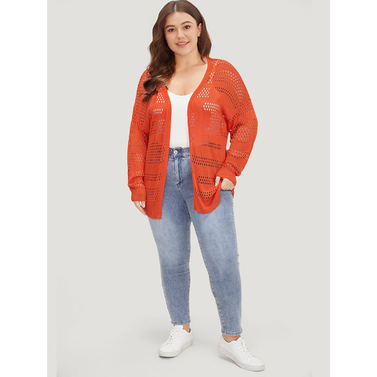 Plus Size Plain Open Front Elastic Sleeve Cut Out Cardigan Scarlet Women Casual Loose Long Sleeve Everyday Cardigans BloomChic 22-24/3X Product Image