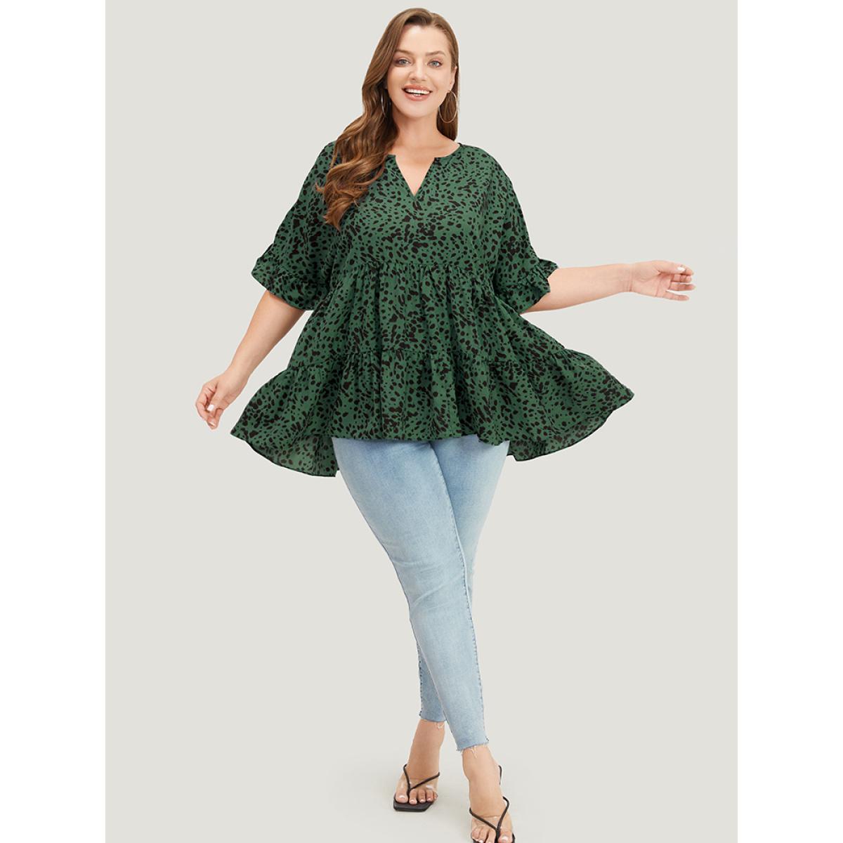 Plus Size Emerald Leopard Tiered Hem Notched Ruffle Sleeve Blouse Women Elegant Half Sleeve Notched collar Dailywear Blouses BloomChic 14-16/1X Product Image