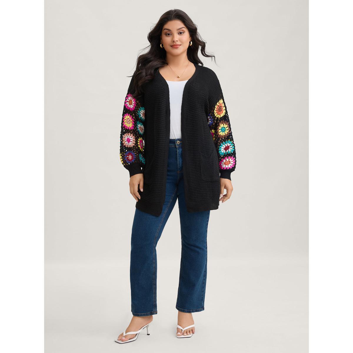 Plus Size Crochet Floral Drop Shoulder Cut Out Cardigan Black Women Resort Loose Long Sleeve Vacation Cardigans BloomChic 12/L Product Image