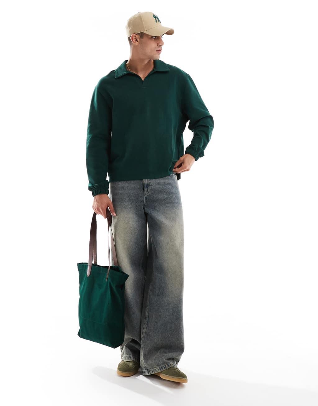 ASOS DESIGN oversized twill jersey rugby polo in dark green Product Image