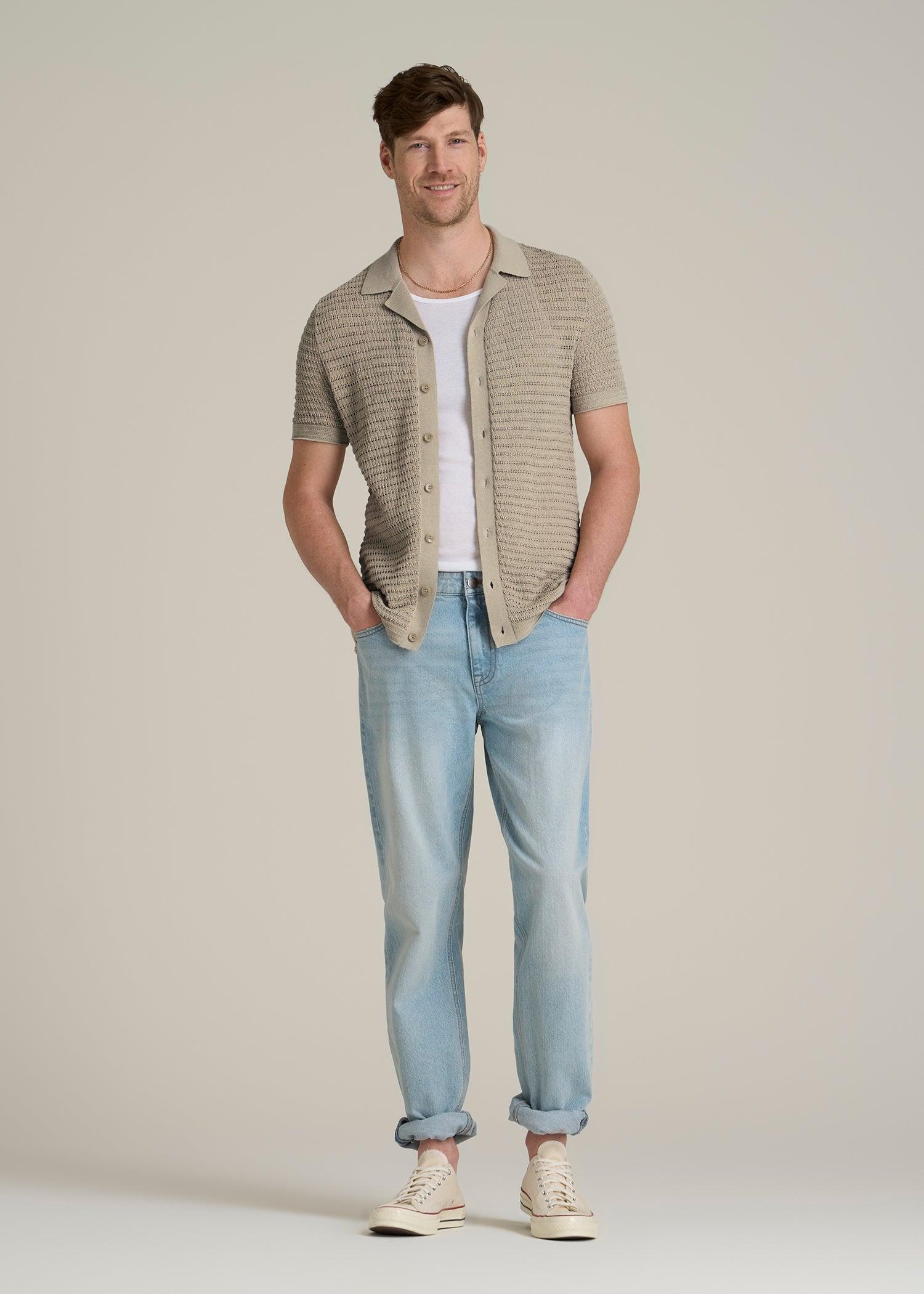 Short Sleeve Crochet Polo Cardigan for Tall Men in Light Khaki Male Product Image
