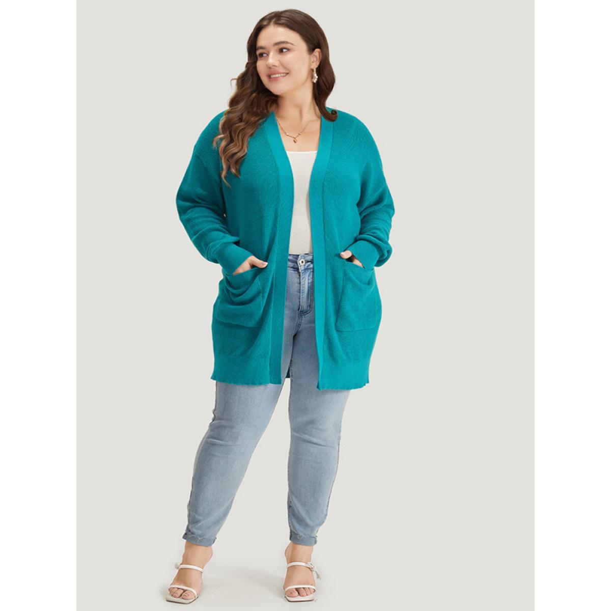 Plus Size Solid Open Front Patched Pocket Cardigan Emerald Women Casual Loose Long Sleeve Dailywear Cardigans BloomChic 10/M Product Image