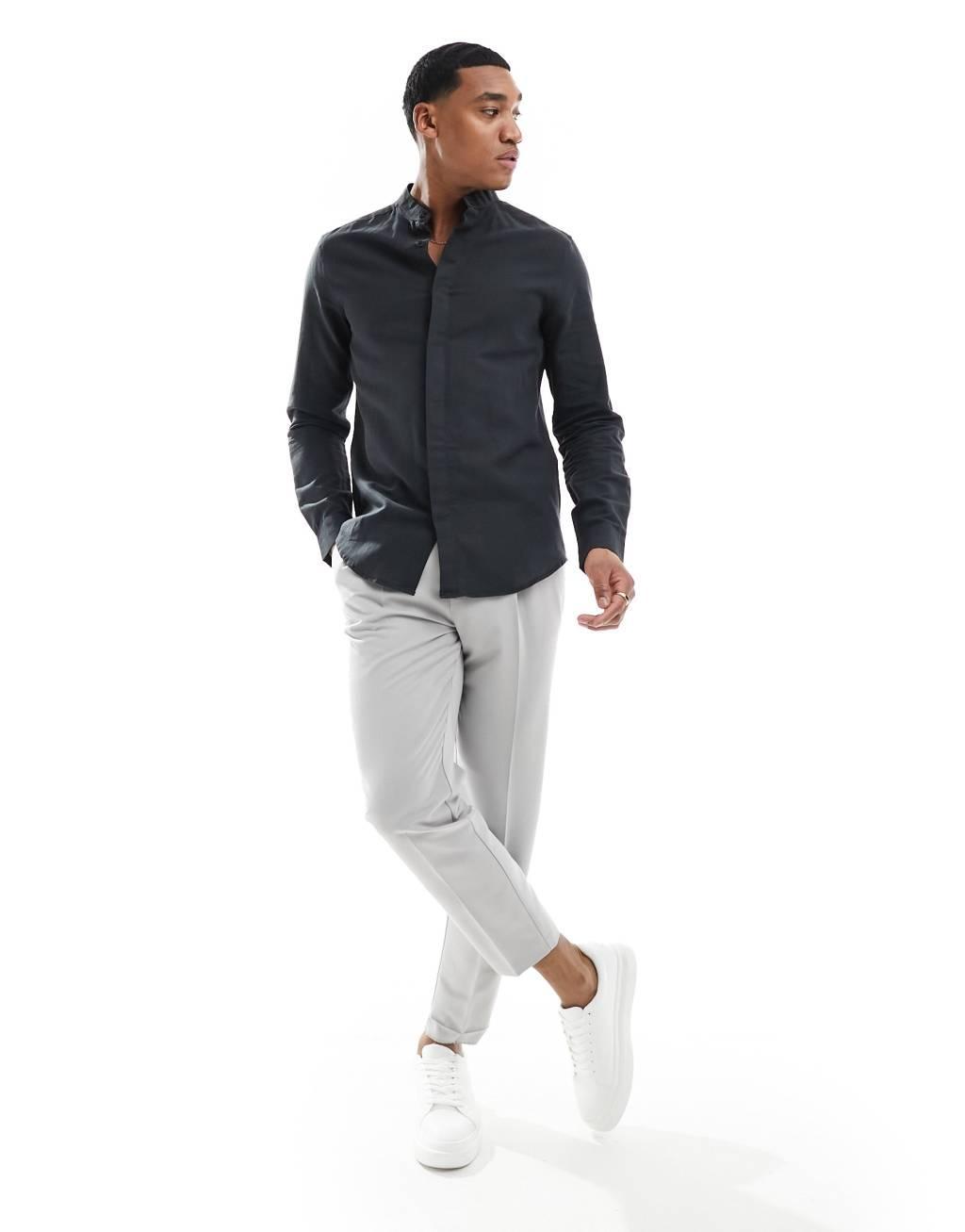 ASOS DESIGN smart linen regular shirt with deep grandad collar in black Product Image