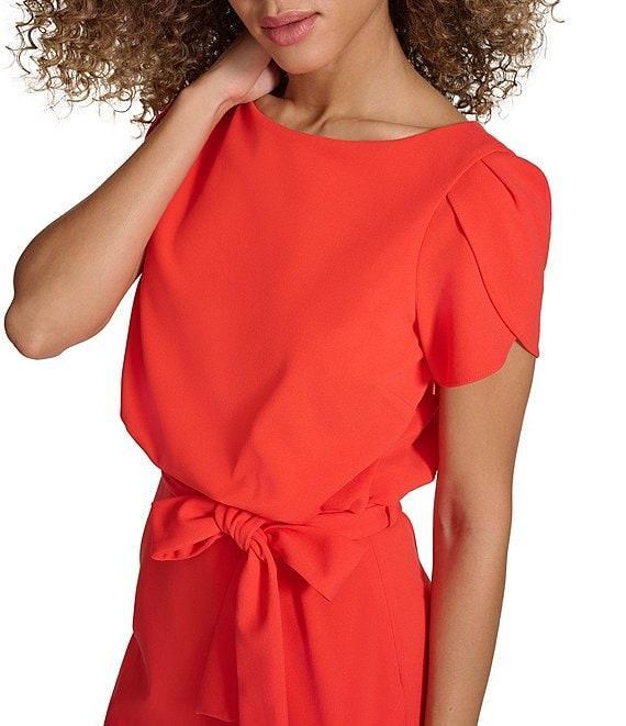 Kensie Scuba Crepe Boat Neck Short Sleeve Tie Waist Wrap Blouson Midi Dress Product Image