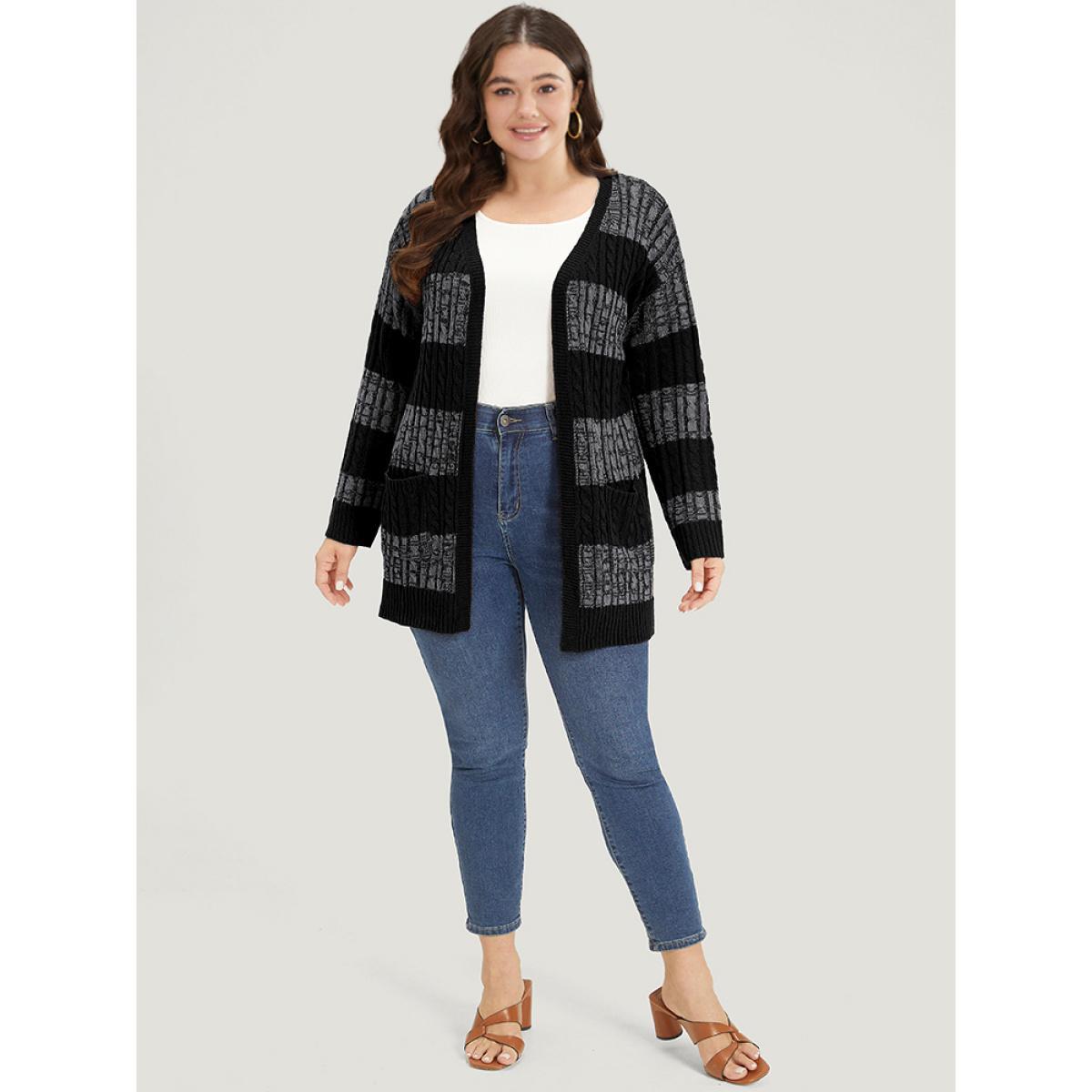 Plus Size Halloween Colorblock Cable Knit Patched Pocket Cardigan Gray Women Casual Loose Long Sleeve Festival-Halloween Cardigans BloomChic 14-16/1X Product Image