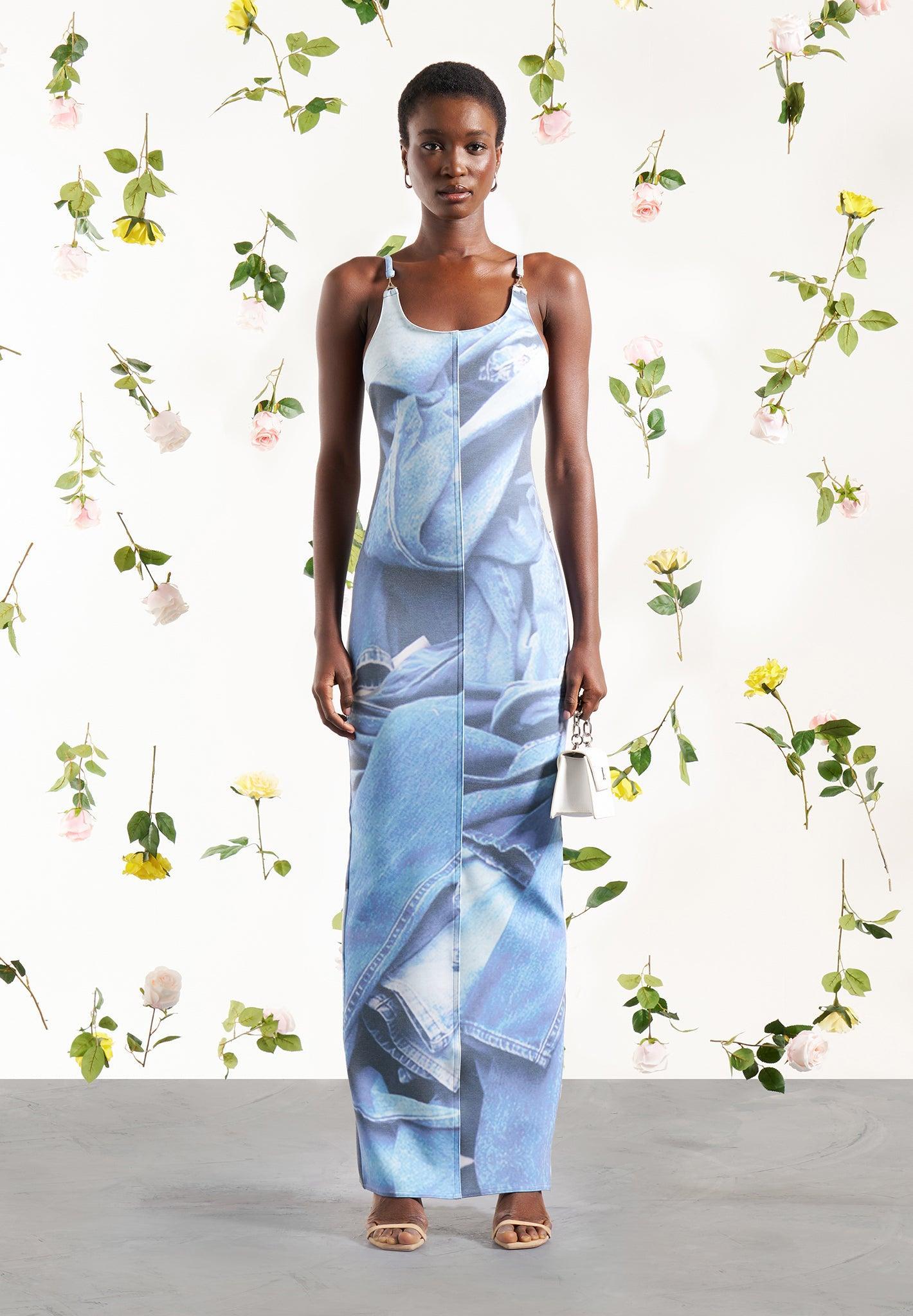 Printed Denim Effect Maxi Dress - Blue Female Product Image