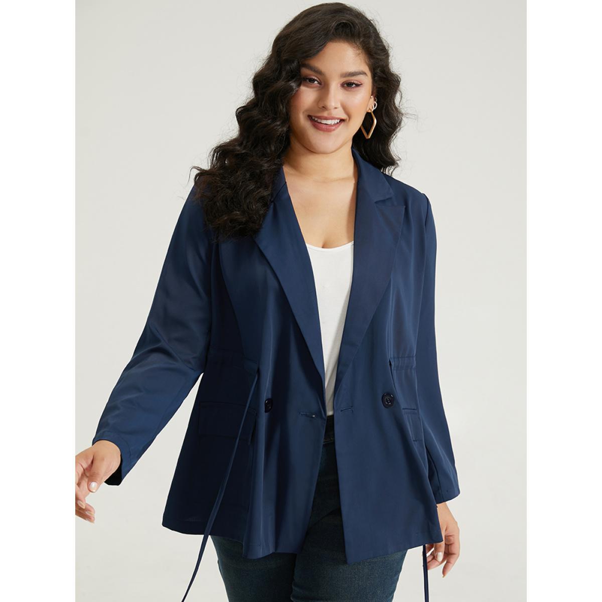 Plus Size Button Up Drawstring Pocket Blazer Indigo Women Work Plain Plain Sleeve Long Sleeve Lapel Collar 26/4X Pocket At the Office Blazers BloomChic Product Image