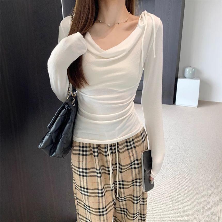 Long Sleeve Cowl Neck Bow Accent Plain Slim-Fit Top Product Image