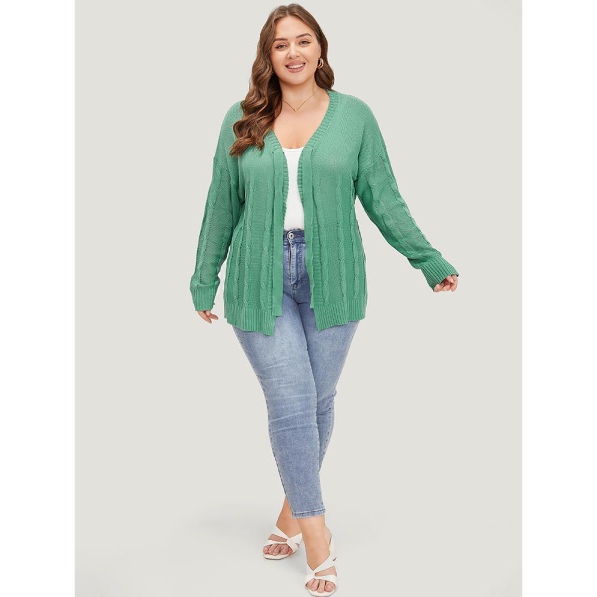 Plus Size Solid Ties Front Cable Knit Cardigan Green Women Casual Long Sleeve Dailywear Cardigans BloomChic 28/5X Product Image