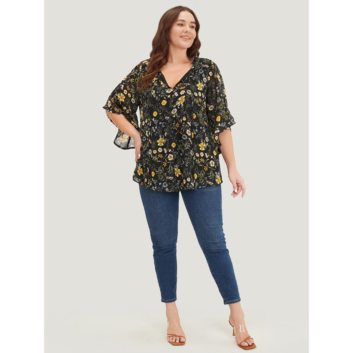 Plus Size Black Floral Tie Neck Frill Trim Bell Sleeve Blouse Women Elegant Half Sleeve Tie Neck Dailywear Blouses BloomChic 22-24/3X Product Image