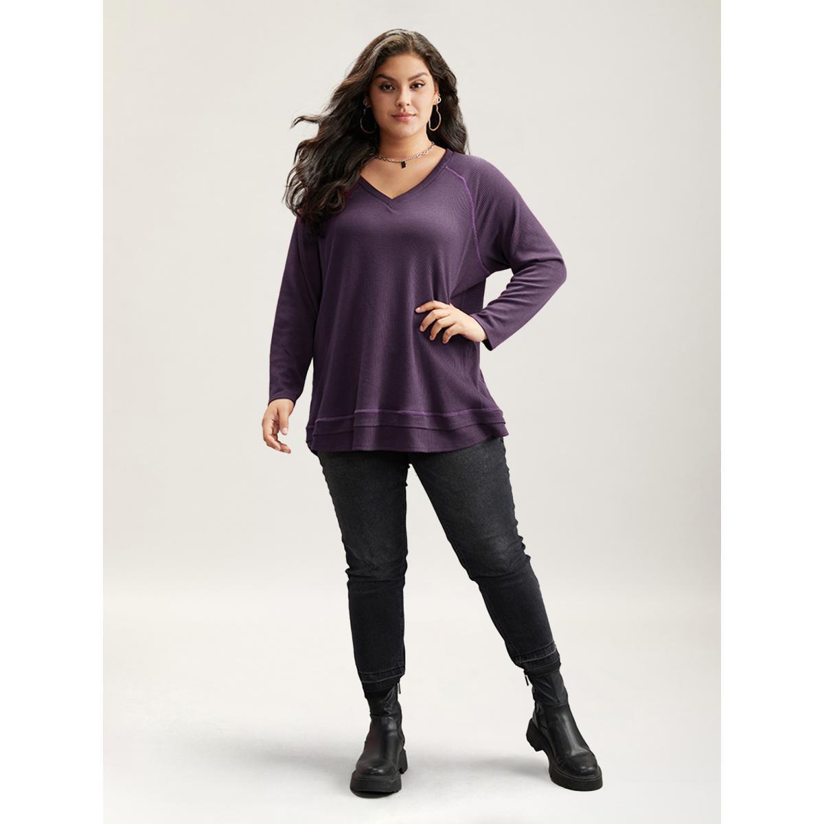 Plus Size Plain Textured Stitch Raglan Sleeve Sweatshirt Women Eggplant Casual Plain V-neck Everyday Sweatshirts BloomChic 22-24/3X Product Image