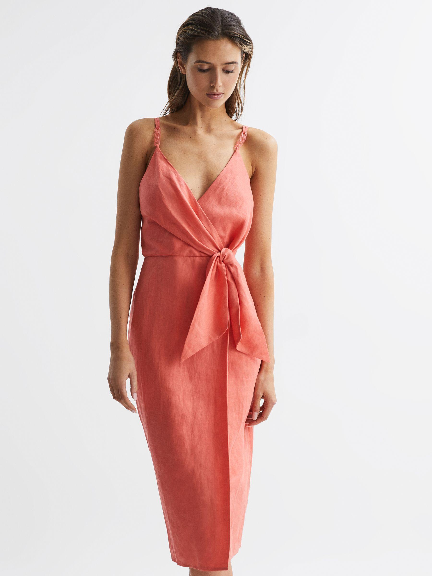 Linen Side Tie Midi Dress in Coral Product Image