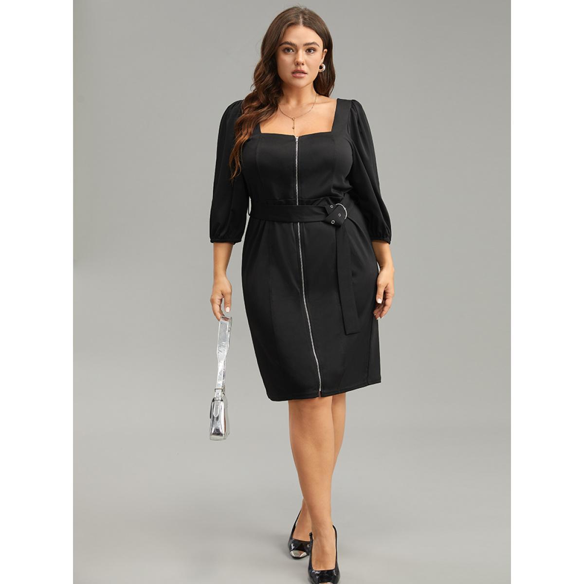 Plus Size Plain Square Neck Belted Metal Detail Zipper Dress Black Women Office Plain Square Neck Elbow-length sleeve Curvy Knee Dress BloomChic 10/M Product Image