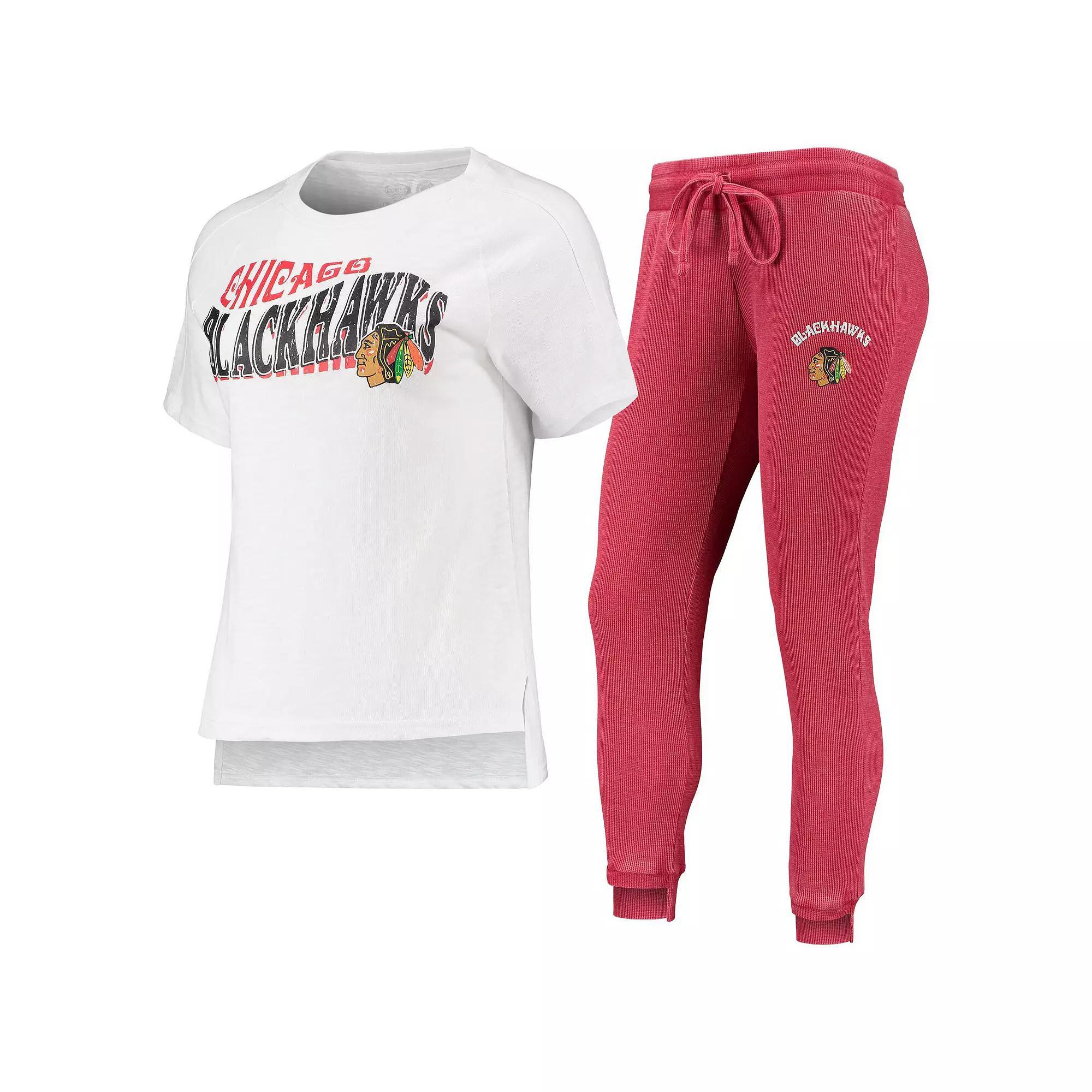 Women's Concepts Sport Red/White Chicago Blackhawks Resurgence Slub Burnout Raglan T-Shirt & Joggers Sleep Set, Size: Small Product Image