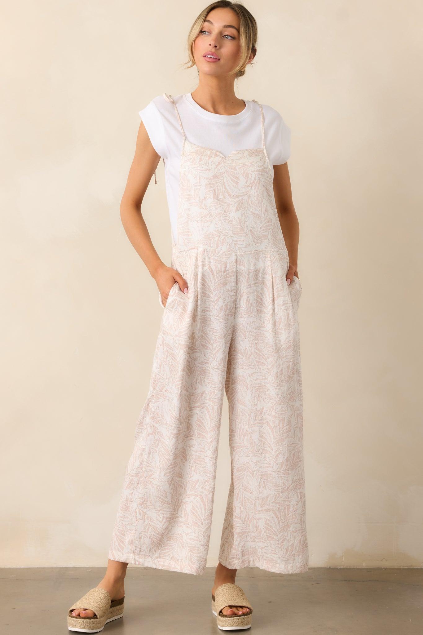 Palm Escape Natural Tropical Print Overalls Product Image