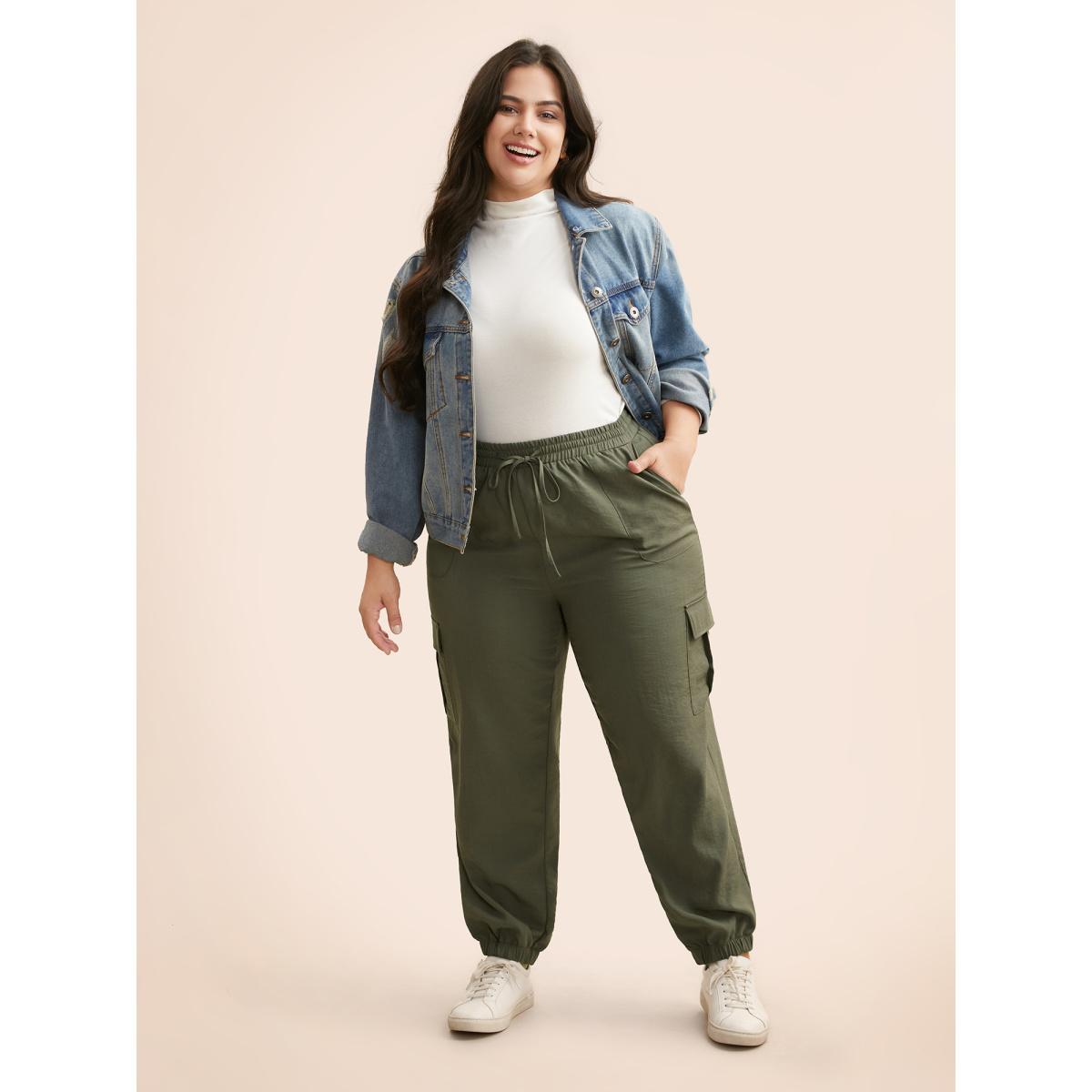 Plus Size Mid Rise Patched Pocket Drawstring Pants Women ArmyGreen Casual Mid Rise Everyday Pants BloomChic 18-20/2X Product Image