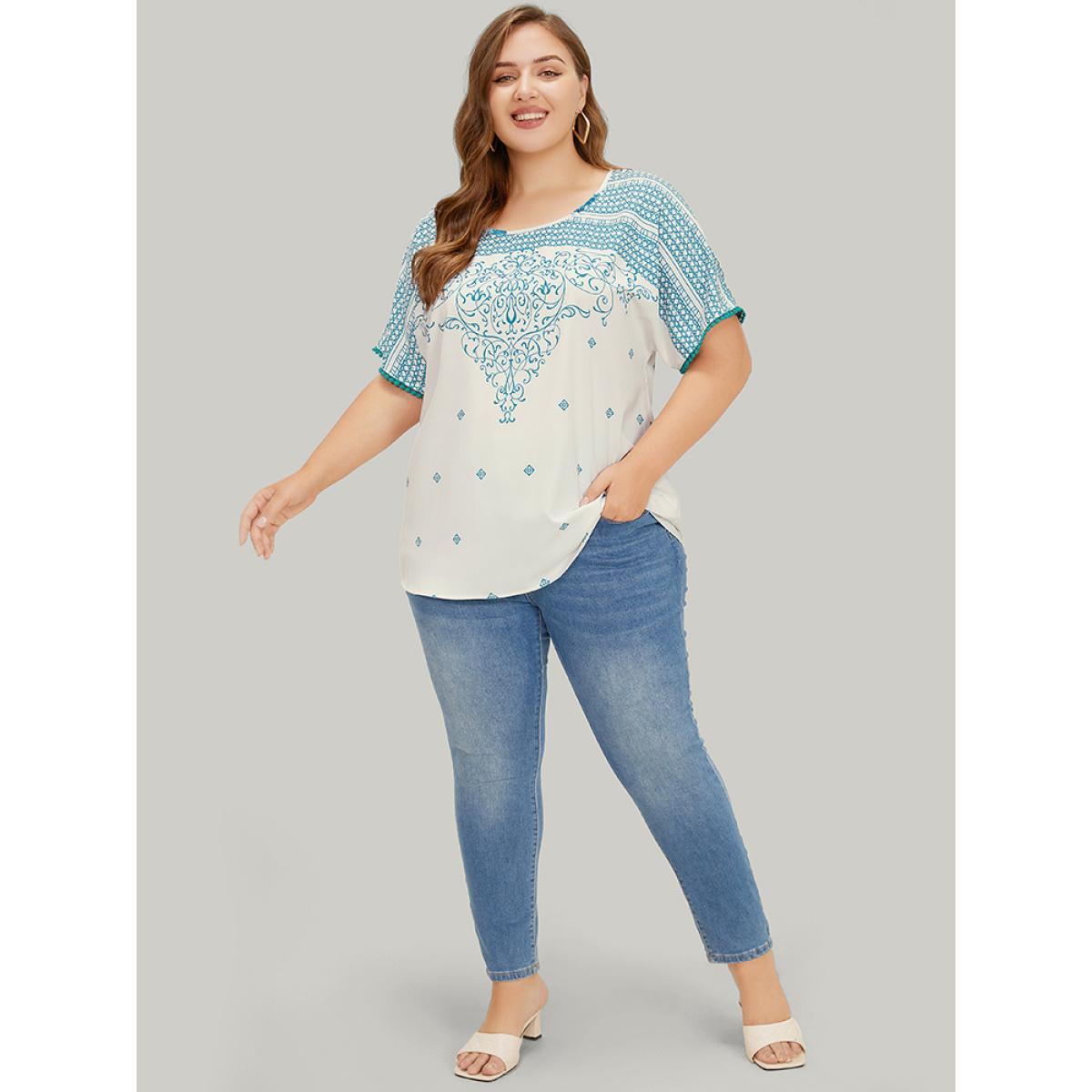 Plus Size White Moroccan Print Batwing Sleeve Pompom Trim Blouse Women Elegant Short sleeve Round Neck Dailywear Blouses BloomChic 18-20/2X Product Image