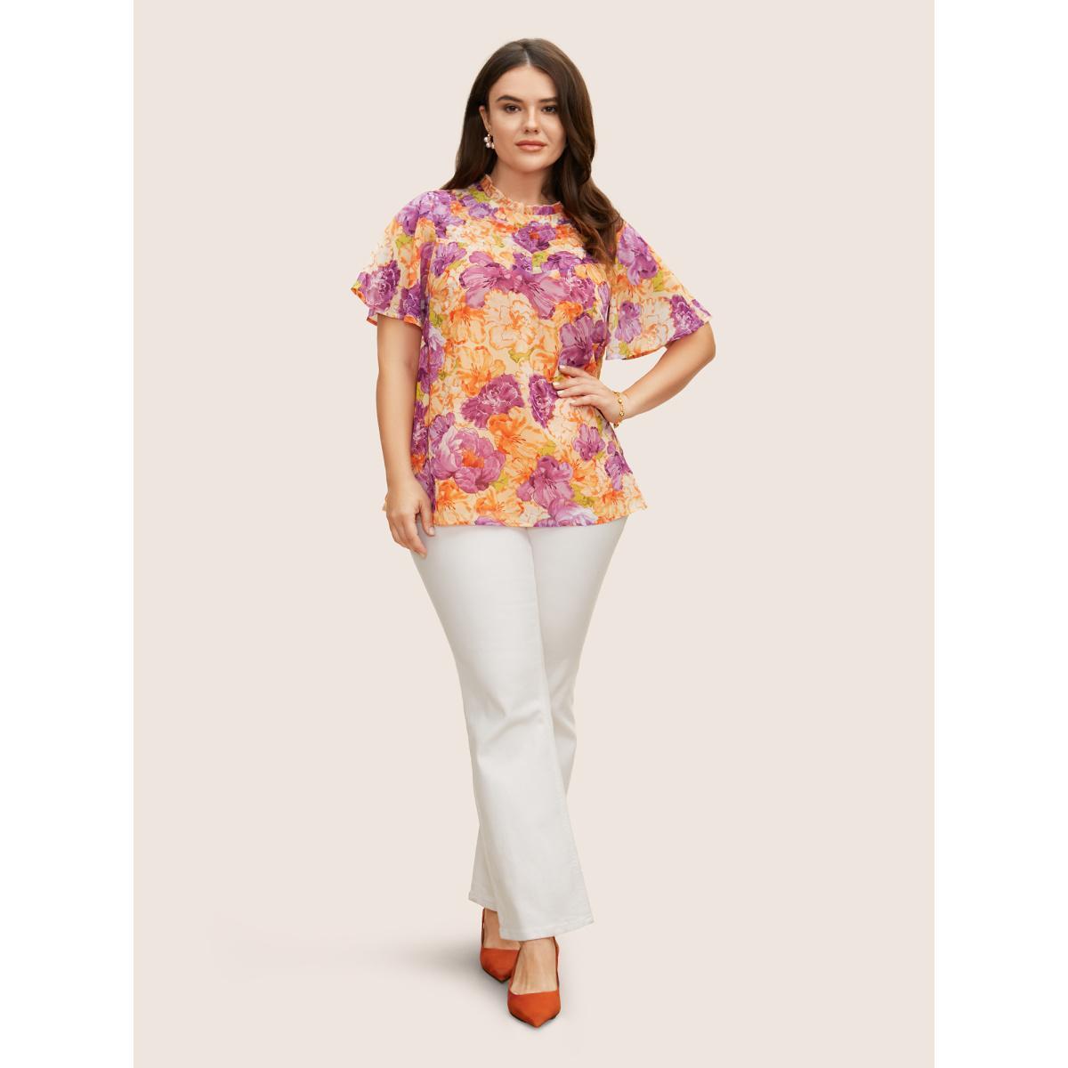 Plus Size Multicolor Mock Neck Contrast Floral Flutter Sleeve Blouse Women Elegant Short sleeve Mock Neck Everyday Blouses BloomChic 28/5X Product Image
