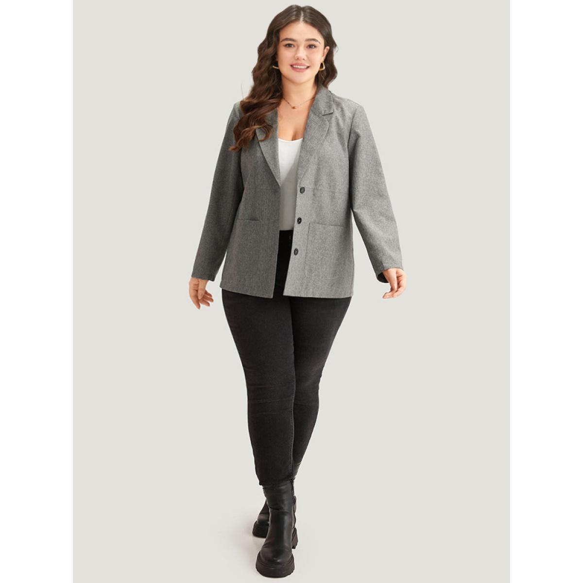 Plus Size Solid Suit Collar Patched Pocket Blazer DimGray Women Dailywear Plain Plain Sleeve Long Sleeve Suit Collar 14-16/1X Pocket Casual Blazers BloomChic Product Image