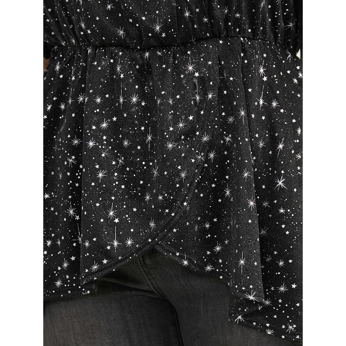 Plus Size Black Halloween Star Glitter Wrap Mesh Flutter Sleeve Blouse Women Elegant Short sleeve V-neck Festival-Halloween Blouses BloomChic 10/M Product Image