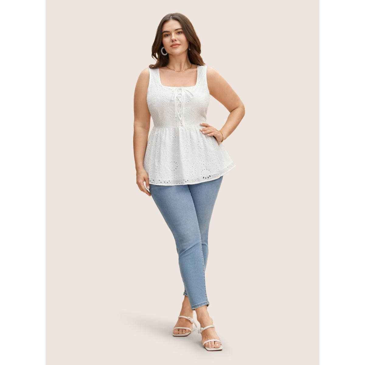 Plus Size Square Neck Broderie Anglaise Tie Knot Tank Top Women Originalwhite Elegant Tie knot Square Neck Everyday Tank Tops Camis BloomChic 18-20/2X Product Image